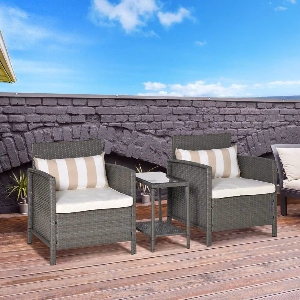 ERGOVEXA 3 Piece Rattan Bistro Set with 2-Tier Glass Top Coffee Table in Light Grey – 3