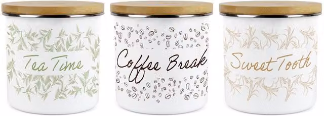 Purely Home Artistic Tea, Coffee and Sugar Large Kitchen Canister Set of 3 in White Ceramic and Enamel