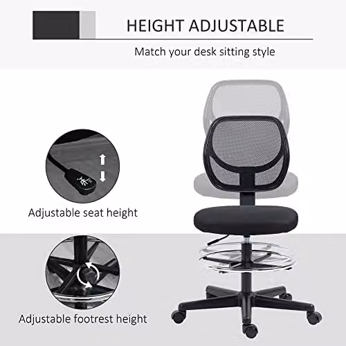 Vinsetto Ergonomic Mesh Drafting Chair with Adjustable Foot Ring and Swivel Function, Black – 5