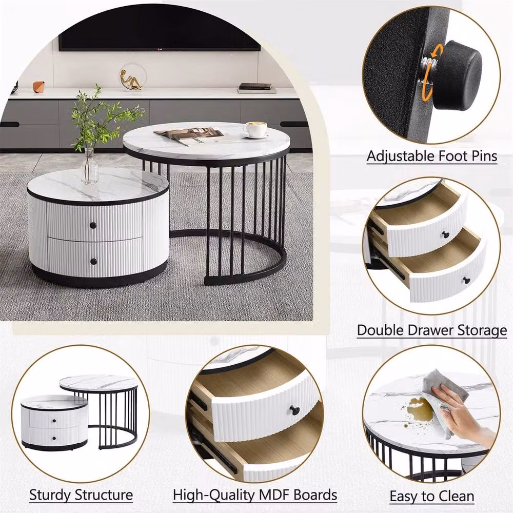 ERGOVEXA Set of 2 Round Marble Effect Nesting Tables in White – 3