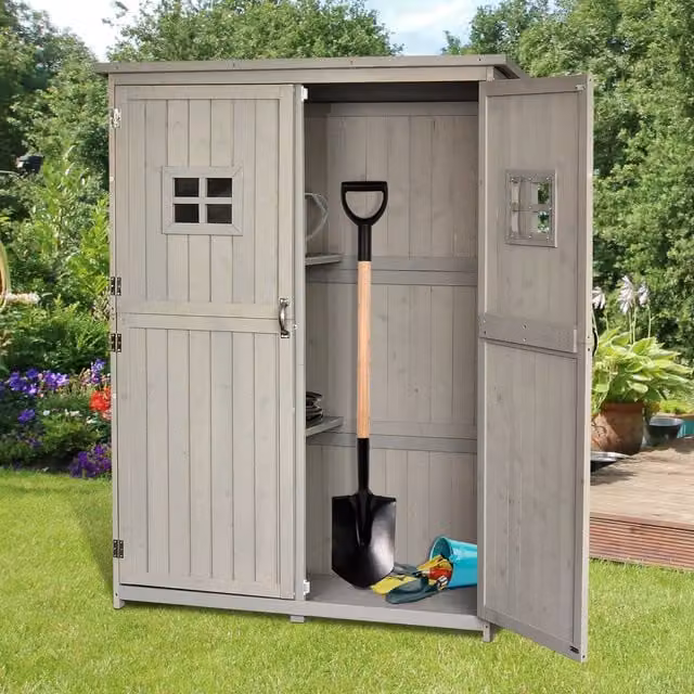 Outsunny Grey Wooden Garden Shed Cabinet Organiser with Internal Shelves and Hinged Doors