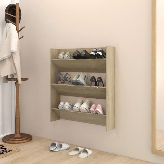 Berkfield Home Wall Mounted Shoe Cabinet in Sonoma Oak Brown, W/D/H: 80 x 18 x 90 cm
