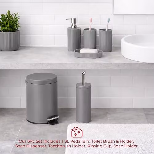 iTrend 6-Piece Matt Grey Bathroom Accessories Set including 3L Pedal Waste Bin, Toilet Brush, Soap Dispenser, Soap Dish and 2 Tumblers – 2