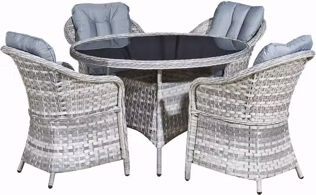 Oseasons Sicilia Modern Rattan 4 Seat Dining Set with Glass Top in Grey and Black