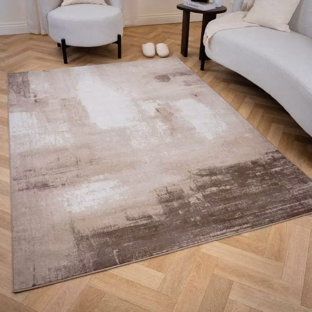 THE RUGS Elaris Stain Resistant Abstract Distressed Living Room Area Rug in Beige, W: 200 cm, D: 290 cm