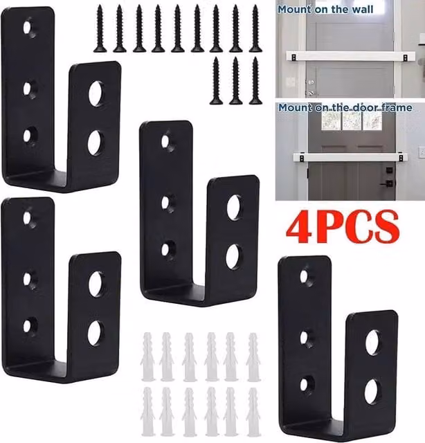 NESTLUNE Heavy Duty U Shape Door Barricade Bracket, 4 Pieces, Black