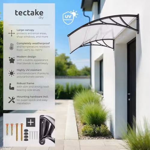 tectake Front Door Canopy with Translucent Polycarbonate Panels and Aluminium Frame, Black, W: 120 cm, H: 93 cm – 2