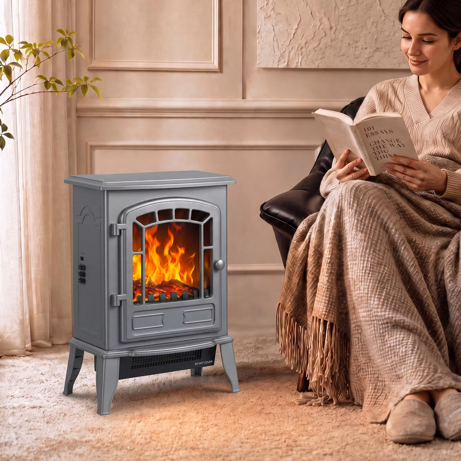 HOMCOM Grey Electric Fireplace Stove with LED Flame Effect and Adjustable Thermostat – 2