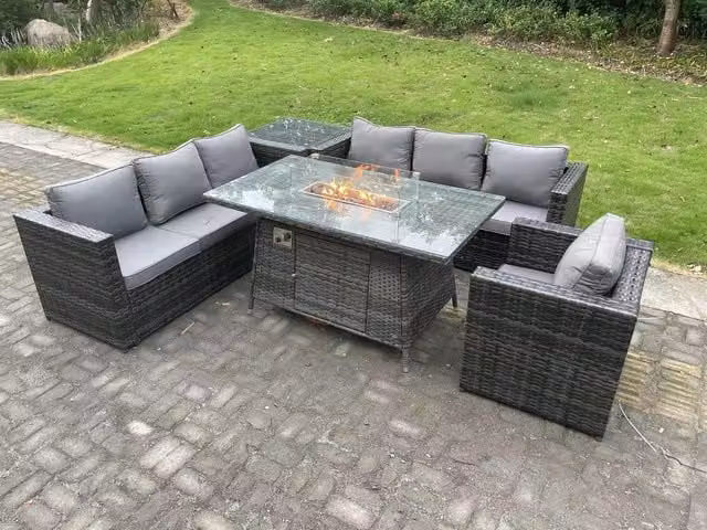 Fimous 7 Seater Rattan Garden Furniture Set with Gas Fire Pit Dining Table and Heater in Dark Grey