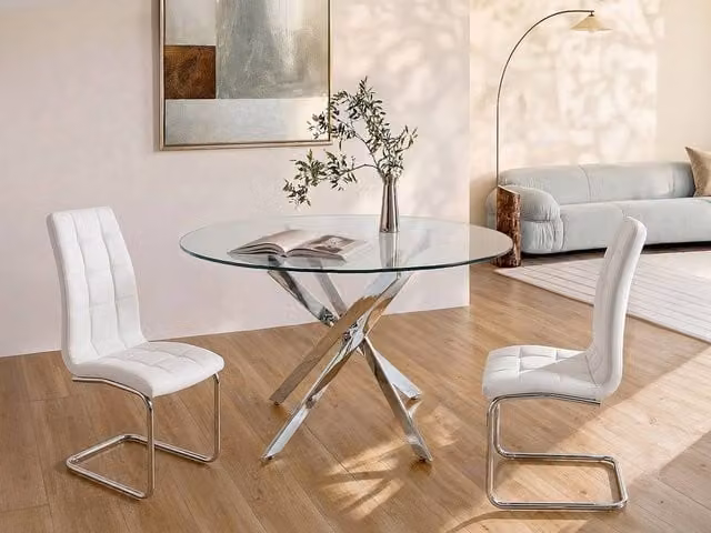 Vente-unique 4-Seater Round Dining Table with Transparent Glass Top and Silver Metal X-Frame, Diameter: 140 cm, Height: 77 cm
