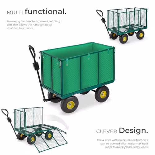 tectake Garden Trolley with Quick-Release Folding Sides, Removable Inner Lining and Pneumatic Tyres, Green – 3