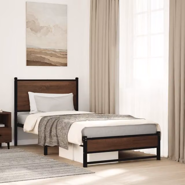Berkfield Home Metal Bed Frame in Brown Oak, W 90 cm x L 200 cm – 1