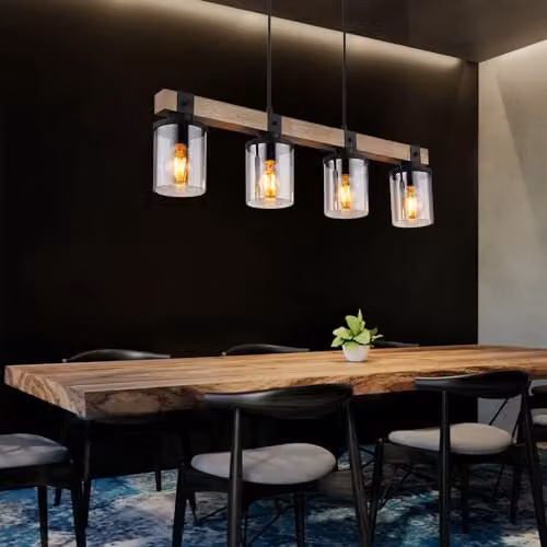 Globo Lighting Industrial Cylindrical Pendant Light with Smoky Grey Glass Shades and Wood Accents in Black and Dark Brown, Height: 133 cm, 4x E27 Bulbs – 3