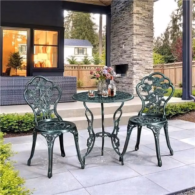 EONLION Green Rose 3 Piece Patio Bistro Table Set with Umbrella Hole and Floral Vintage Design