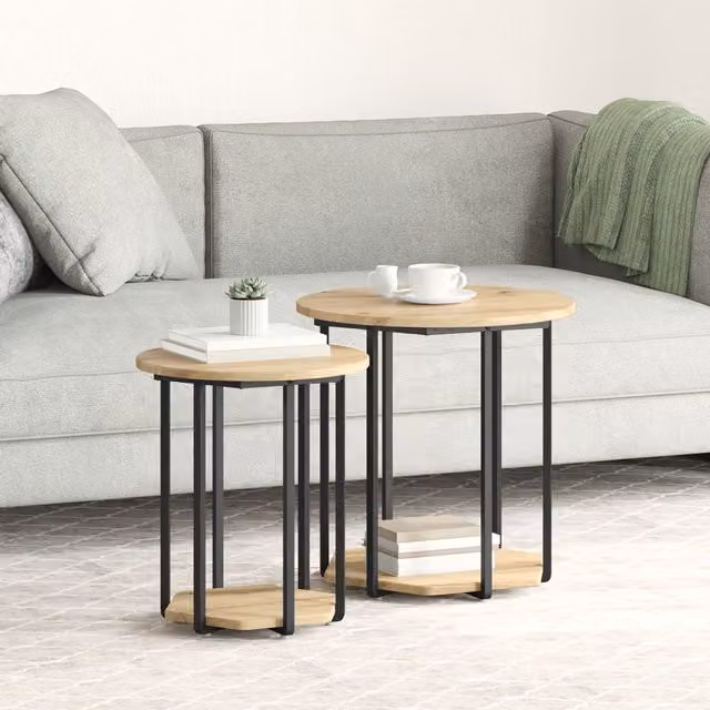 Berkfield Home Round Modern Coffee Table in Brown Oak and Metal – 1