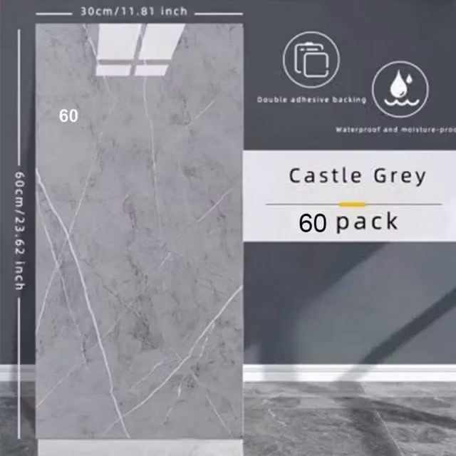 PAWNORA Castle Grey Marble Tile Stickers, 60 Pieces, Stone Look Glass Finish – 1