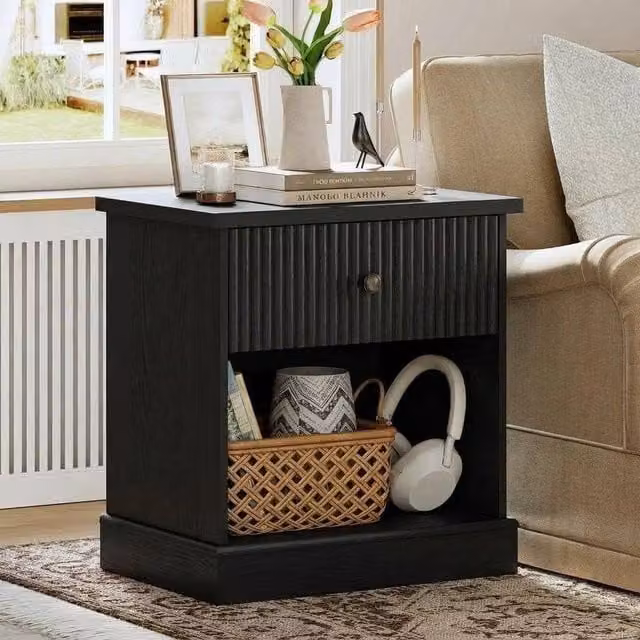 London Boutique Modern Fluted Bedside Cabinet and End Table with Drawer and Shelf in Black – 1