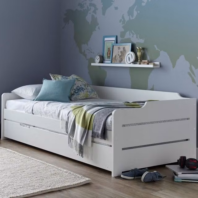 Rest Relax Cosmic White Guest Bed with Trundle, 3ft Single Wood Frame, W/D/H: 90 x 190 cm