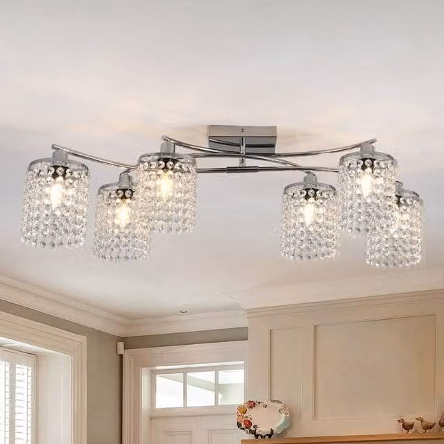 NIVOR 6 Light Crystal Flush Mount Ceiling Light in Chrome and Silver