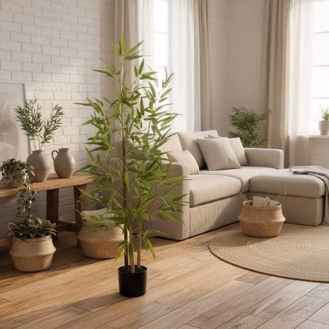 Wyld Haus Artificial Bamboo Tree in Green with Black Pot, Height: 120 cm