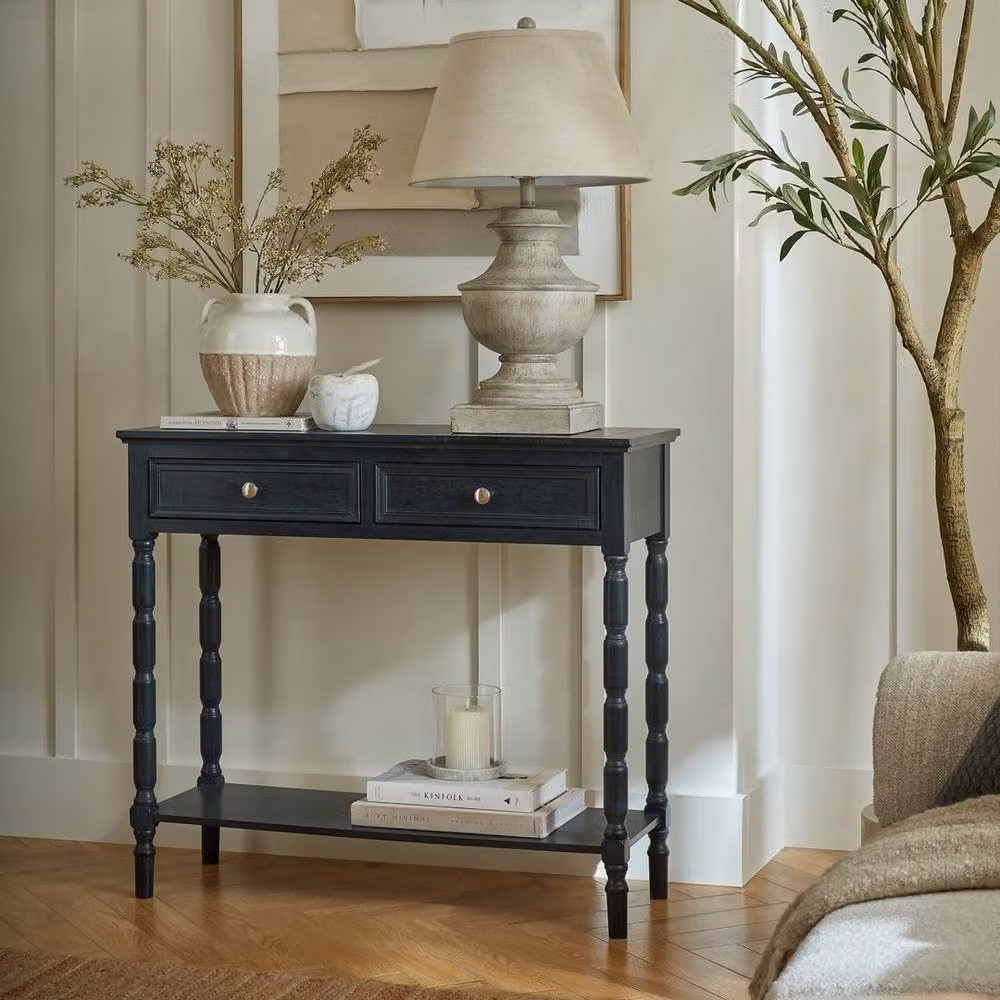 Lemon Pavilion Contour Collection 2 Drawer Console Table, Black, W: 90 cm, H: 80 cm, D: 33 cm – 5