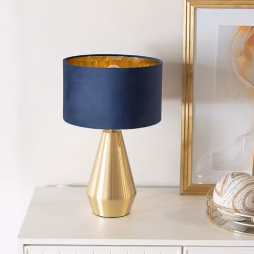 ValueLights Jax Antique Brass Touch Table Lamp with Navy Blue Velvet and Gold Inner Shade, H: 41.0 cm, W: 25.0 cm, D: 25.0 cm – 2