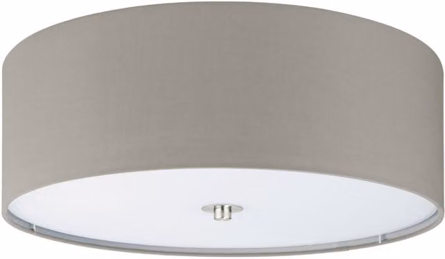 Loops Flush Ceiling Light in Satin Nickel and Taupe Fabric with Glass Shade, E27, 3x60W