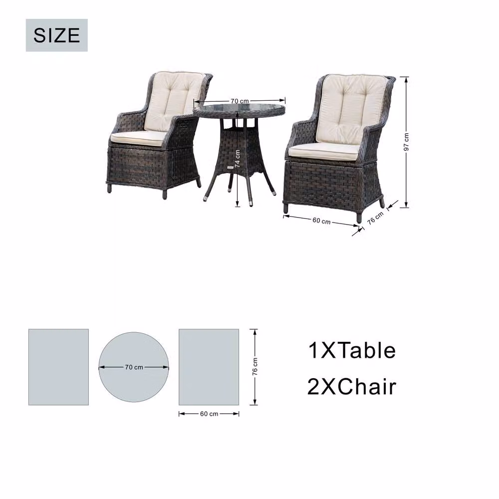 Direct Wicker Brown Rattan Bistro Set with Round Glass Top Table and 2 Armchairs – 5