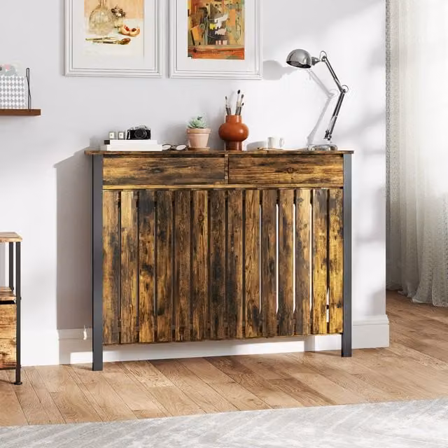 HOMCOM Radiator Cover with Drawer and Vertical Slats for Hallway, Rustic Brown