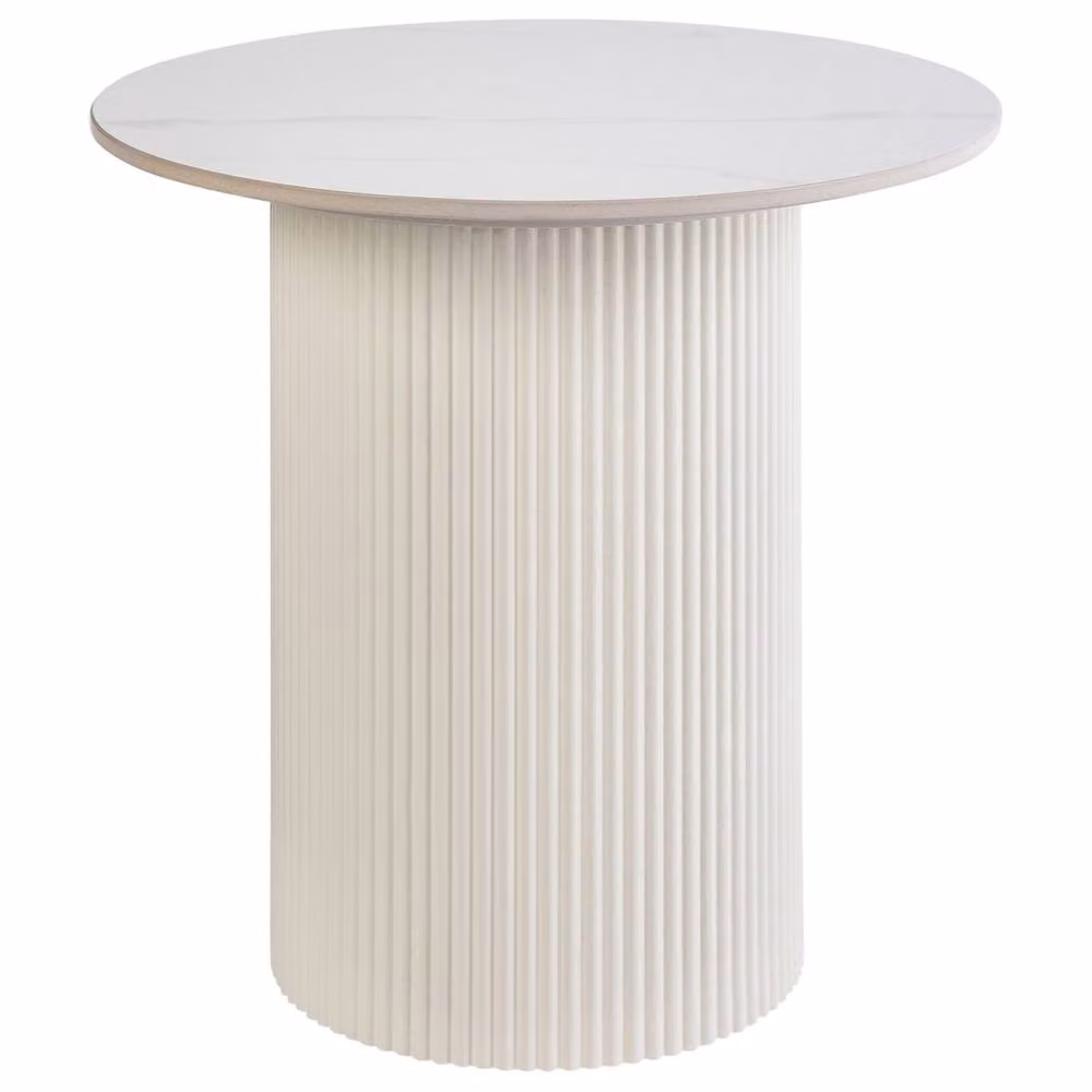 Wyld and Coco Noble Living Round Side Table with Beige Sintered Stone Top and Ribbed Base, Diameter: 50 cm – 2