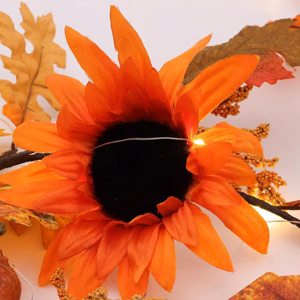 Garden Sanctuary Orange Sunflower Autumn Garland with Warm White LED Lights – 2
