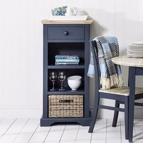 Statement Furniture Florence Tallboy Storage Unit with Drawer and 3 Baskets in Navy Blue with Limed Acacia Wood Top, W: 54 cm, D: 42 cm, H: 113 cm – 3
