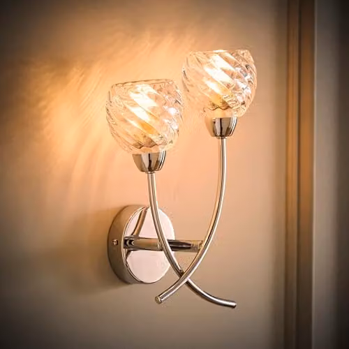 ValueLights Reyka Chrome 2 Way Up and Down Wall Light with Transparent Swirl Glass Shades in Silver – 2