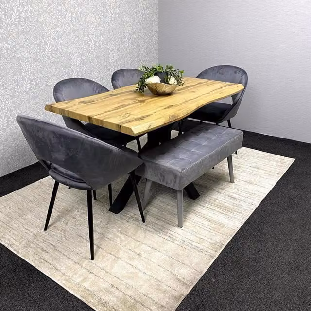 Kosy Koala Modern Rectangular Dining Set with 4 Grey Velvet Chairs and Benches in Brown and Black
