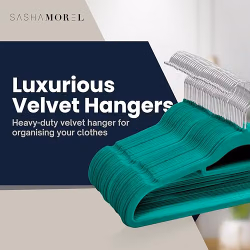Sasha Morel 50 Pack Non-Slip Velvet Coat Hangers with Tie Organiser and Swivel Hooks in Petrol Pink – 5