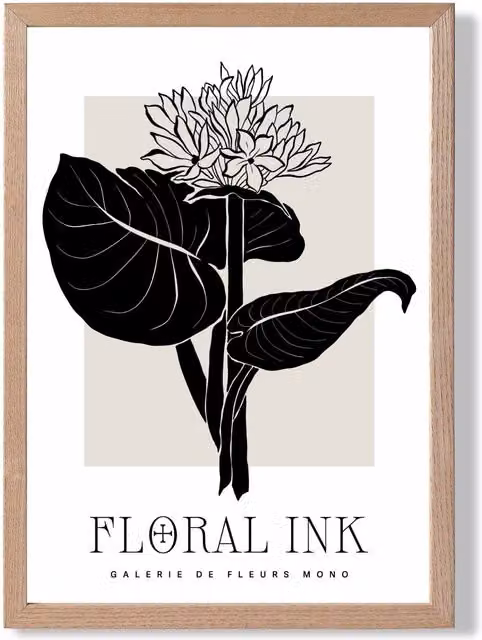 ARTZE Lotus Flower Black and Beige Floral Ink Sketch Framed Print with Oak Frame, Size: 29.7 x 42.0 cm – 1