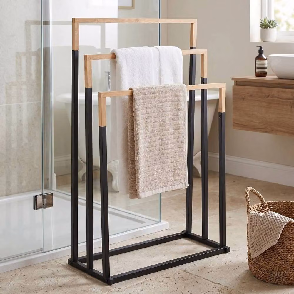 ERGOVEXA 3 Tier Freestanding Towel Rack Stand in Black Metal and Bamboo – 2