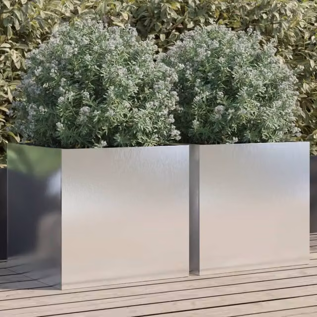 Berkfield Home Stainless Steel Ornamental Garden Planter Tubs, 2 Pieces, Silver, W: 49 cm, D: 47 cm, H: 46 cm – 1