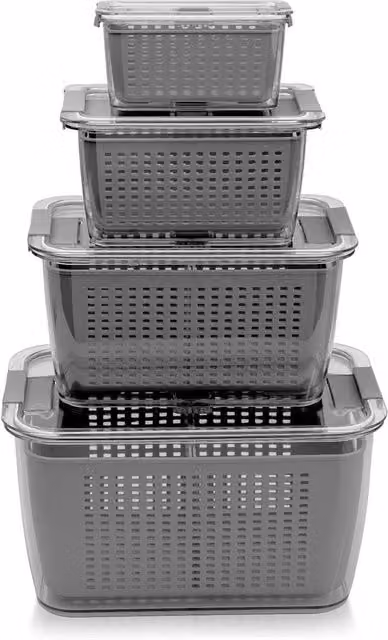 Nordara Grey Transparent 4-Piece Multipurpose Stackable Fridge Organiser Storage Box Set, W: 100 cm, D: 15 cm, H: 15 cm – 1