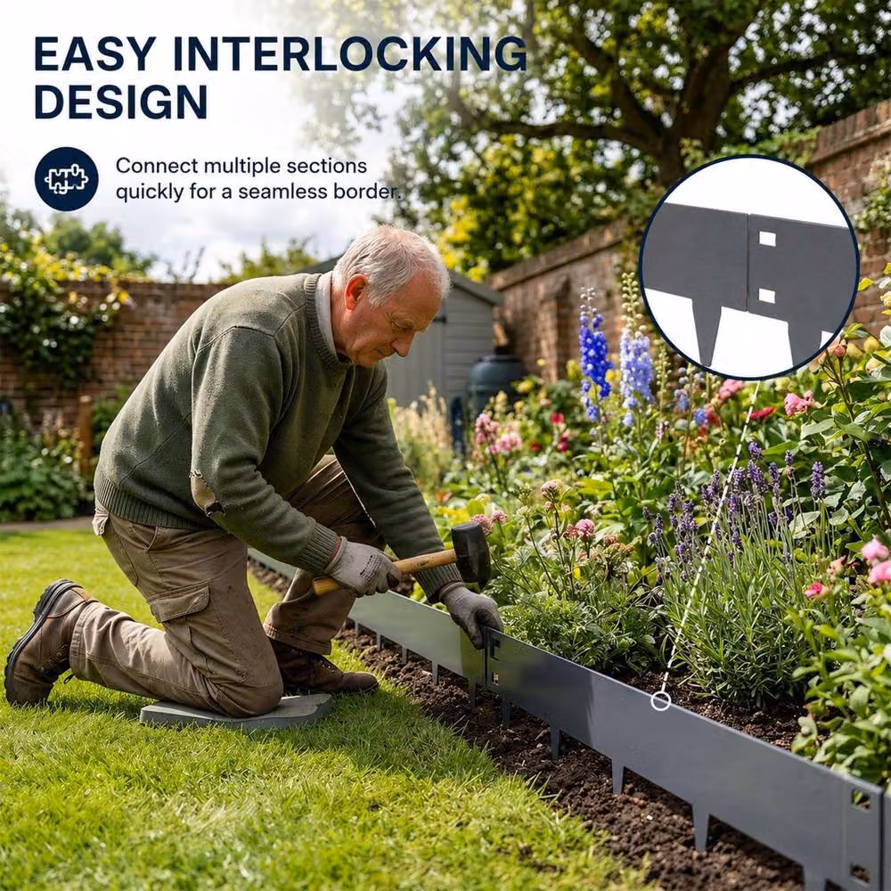 Nicoman 10 Pack Metal Garden Lawn and Border Edging in Grey, W: 1 m, H: 15 cm – 3