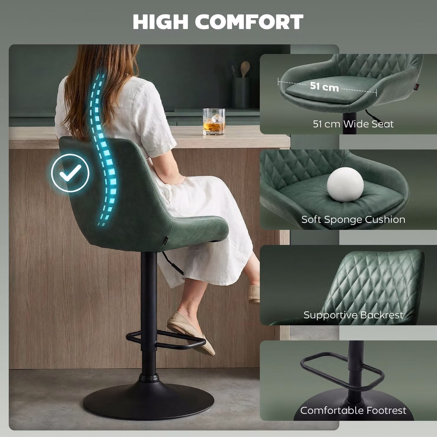 HOMCOM Set of 2 Retro Green Synthetic Leather Bar Stools with Swivel Seat and Metal Base – 6