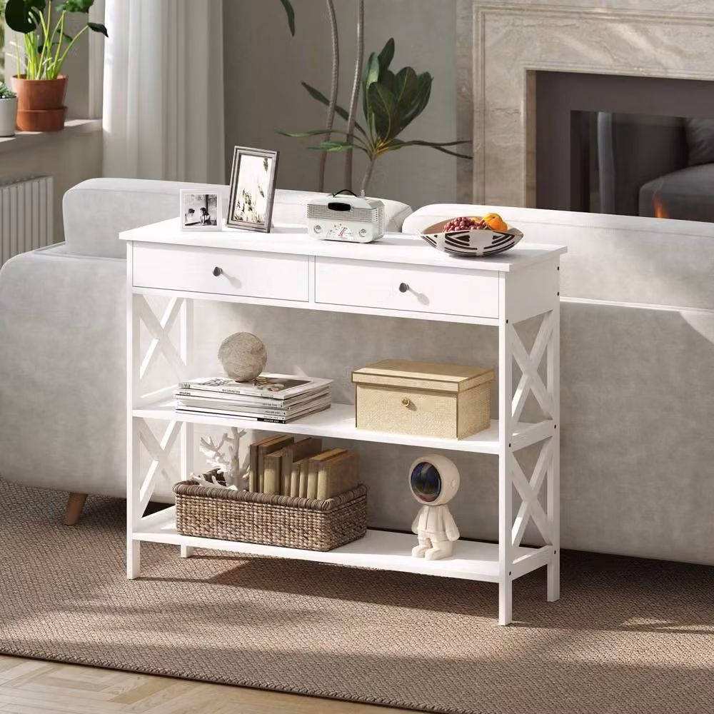 Wyld Haus Ralupa White MDF Console Table with X Frame, 2 Drawers and 2 Shelves, Width: 100 cm – 5