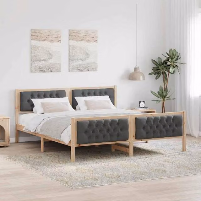 Berkfield Home Upholstered Bed Frame with Headboard in Grey and Beige, Solid Pine Wood, W/D/H: 180 x 200 x 85.5 cm – 1