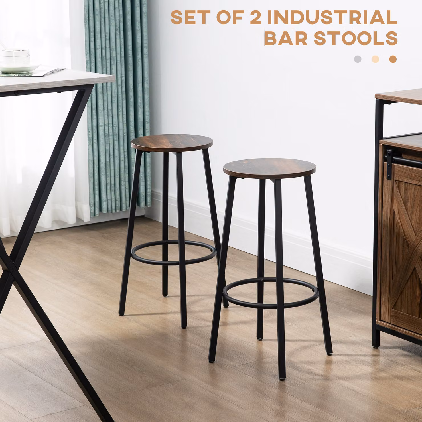HOMCOM Industrial Bar Stool Set of 2 in Brown and Black with Metal Legs and Wood Accents – 4