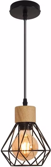 Goeco Industrial Retro Pendant Light in Black Metal and Wood with Adjustable Height and E27 Socket