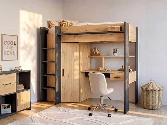 Vente-unique Single Loft Bed with Desk, Wardrobe and Stairs in Grey and Anthracite, W/D/H: 200 x 90 x 178.3 cm