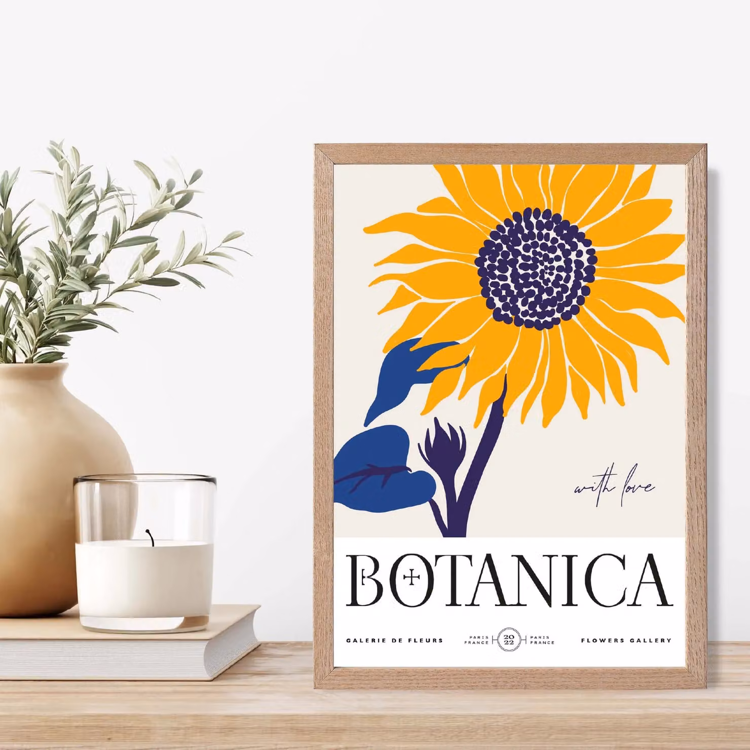 ARTZE Blue and Yellow Sunflower Flower Market Exhibition Framed Print with Oak Frame in Mid Blue – 2