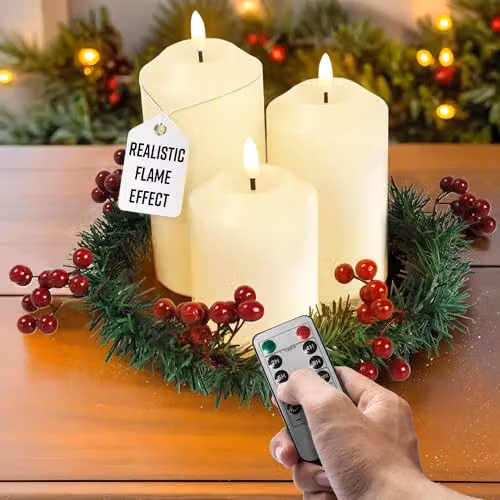 Globrite 3-Pack Flickering Flameless LED Candles with Berry Wreath Christmas Decorations in Beige, White and Multicolour – 1