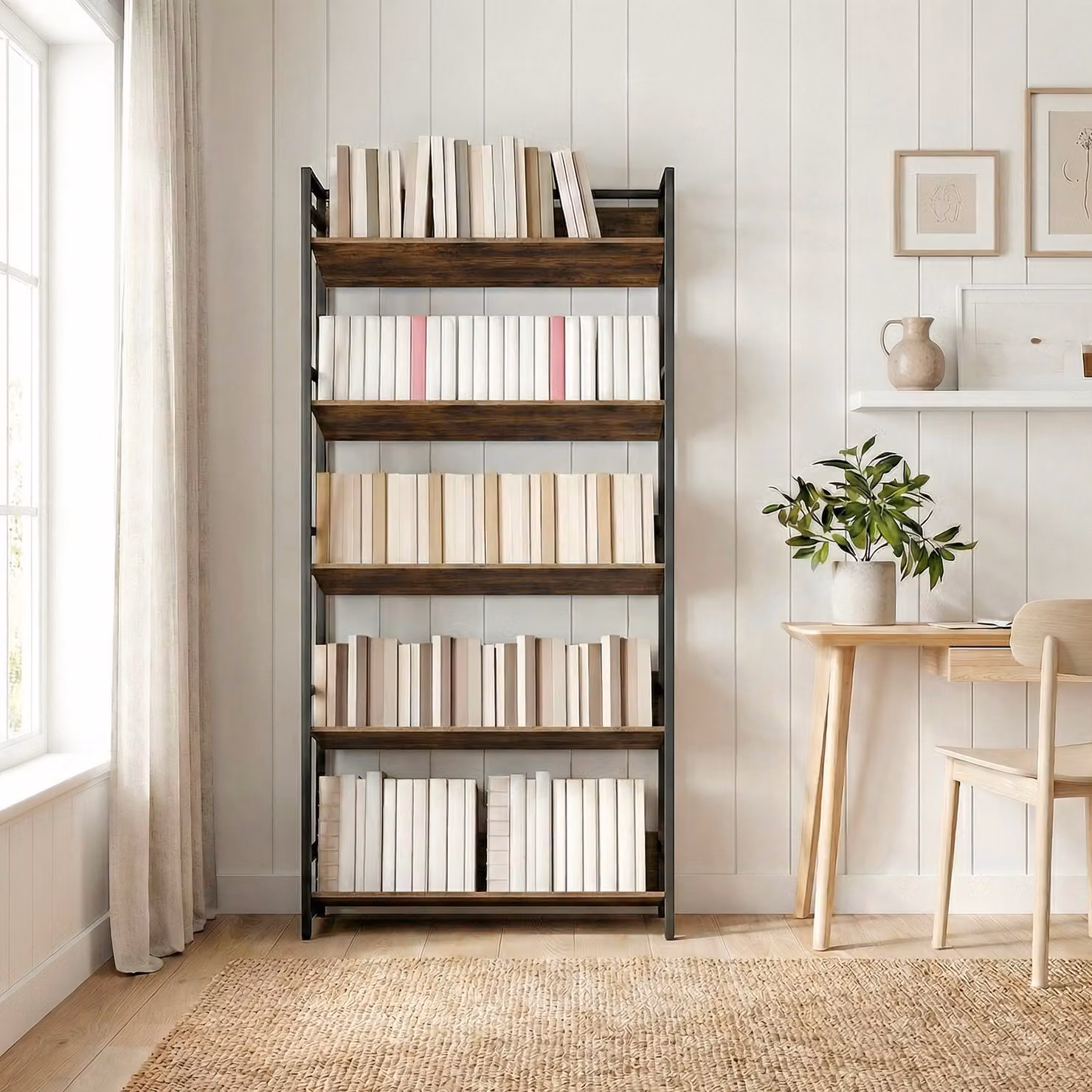 HOMCOM 5-Tier Metal Frame Bookshelf and Room Divider in Rustic Brown – 8