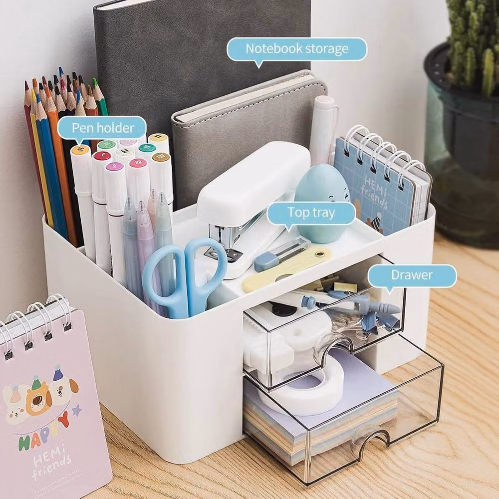 FORGEVIO Multi-Compartment Office Desk Organiser and Stationery Storage Box in White, Width: 50 cm – 4
